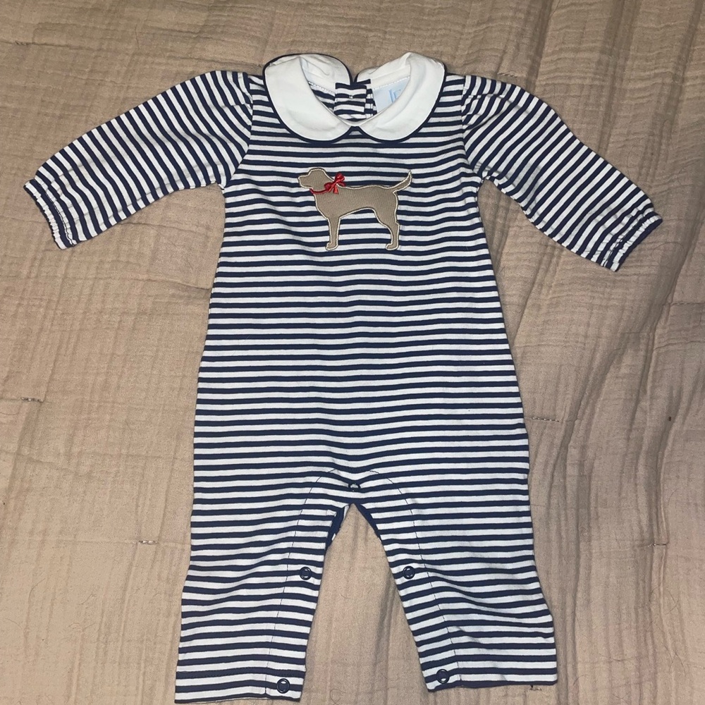 Little English Navy and White Striped Dog Appliqué Footie
